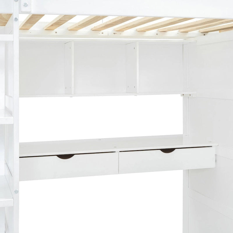 Lit mezzanine avec bureau, armoires, 4 tiroirs et 4 étagères