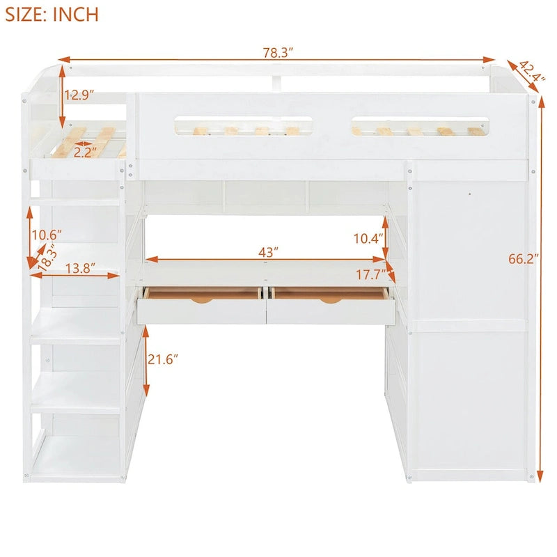Lit mezzanine avec bureau, armoires, 4 tiroirs et 4 étagères