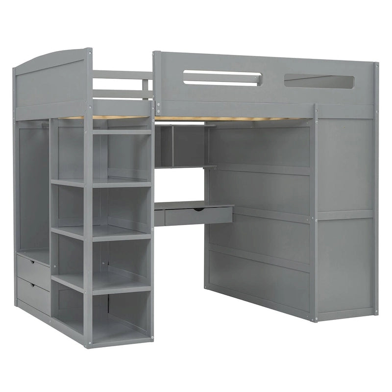 Lit mezzanine avec bureau, armoires, 4 tiroirs et 4 étagères