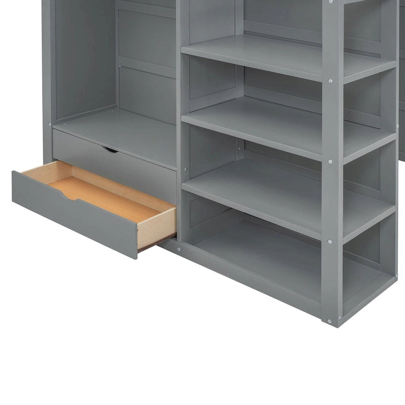 Lit mezzanine avec bureau, armoires, 4 tiroirs et 4 étagères