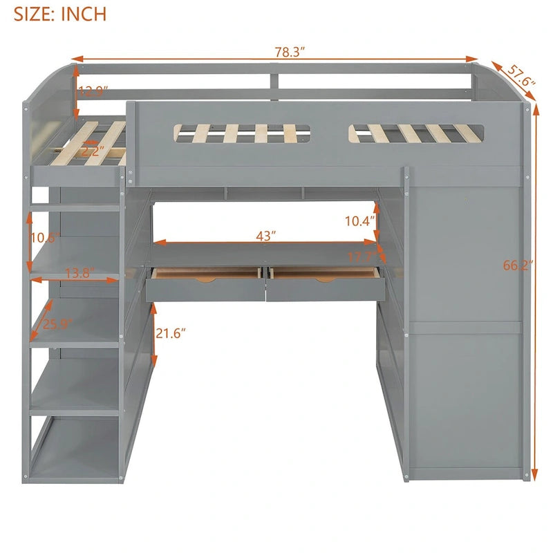 Lit mezzanine avec bureau, armoires, 4 tiroirs et 4 étagères