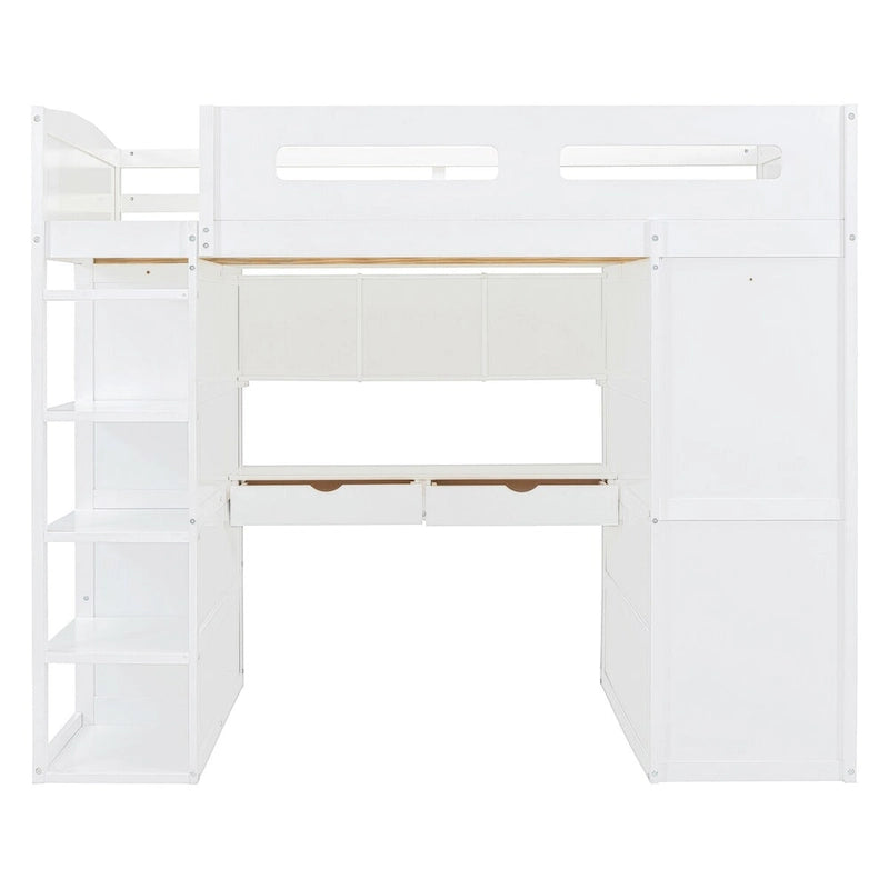 Lit mezzanine avec bureau, armoires, 4 tiroirs et 4 étagères