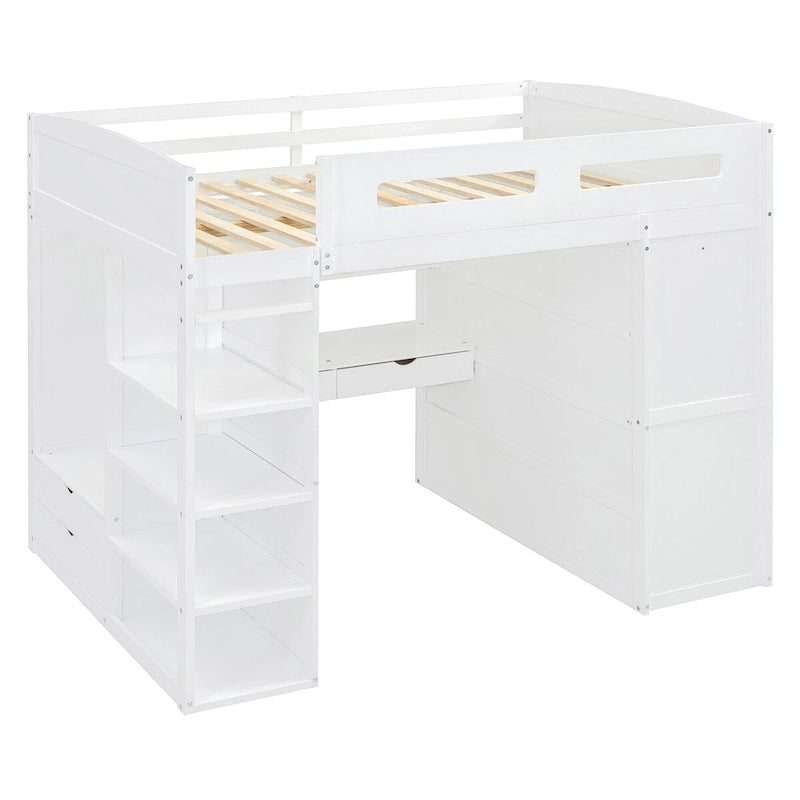 Lit mezzanine avec bureau, armoires, 4 tiroirs et 4 étagères