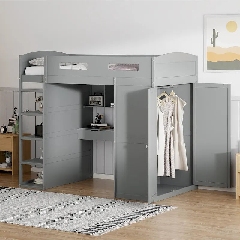Lit mezzanine avec bureau, armoires, 4 tiroirs et 4 étagères