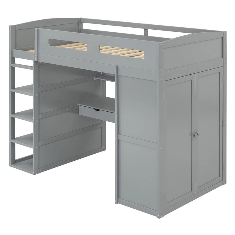 Lit mezzanine avec bureau, armoires, 4 tiroirs et 4 étagères