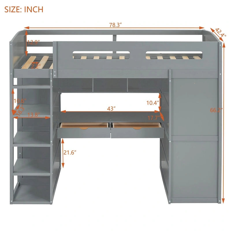 Lit mezzanine avec bureau, armoires, 4 tiroirs et 4 étagères